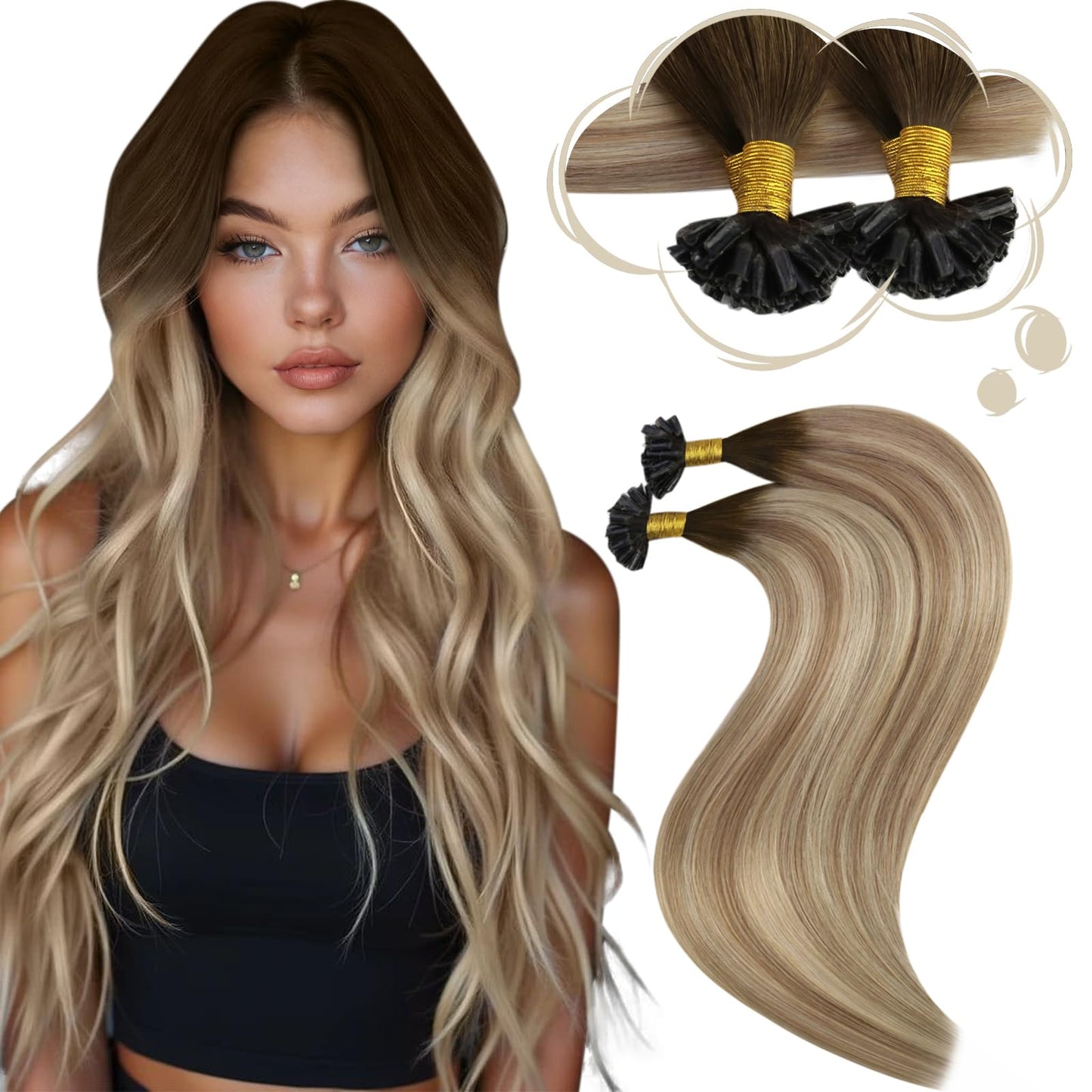 Moresoo K Tip Hair Extensions Real Human Hair Dark Brown to Light Brown with Medium Blonde Balayage K Tips Hair Extensions Human