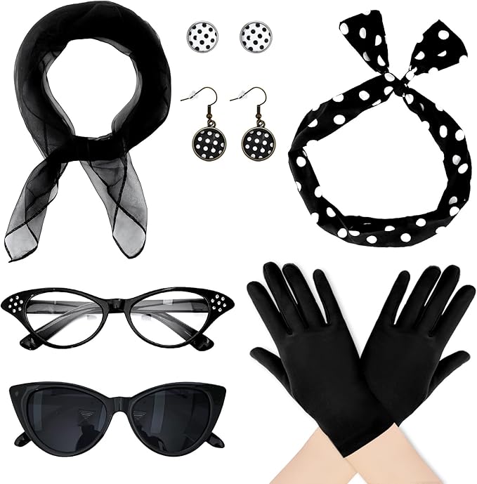 Bcxfbxd 7 Pcs 50's Women Costume Accessories Set Cat Eye Glasses Scarf Bandana Headband Drop Dot Earrings for Party Halloween