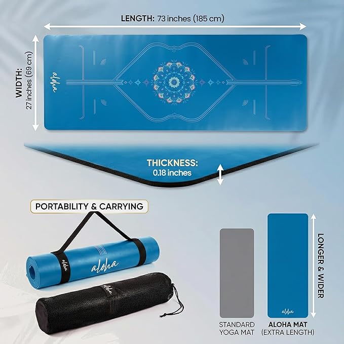Aloha Bliss Premium Yoga Mat – 72” x 27 - Thick, Non-Slip & Durable | Sweat-Resistant, Lightweight & Portable | Perfect for Yoga, Pilates, Home Workouts, Gym & Studio Practice - Eco-Friendly