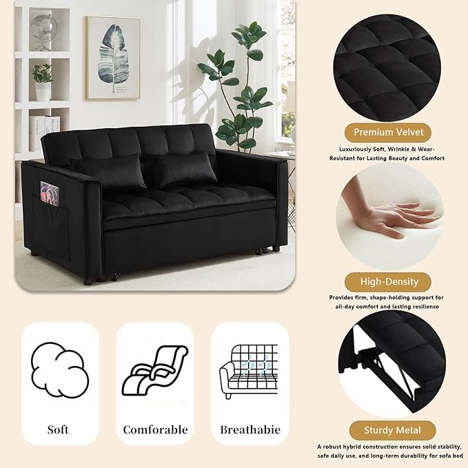 OjvZxqtbrnl Convertible Sofa Bed,3 in 1 Pull Out Couch Adjustable Backrest, Modern Velvet Upholstery Sleeper Sofa Bed, Loveseat Couch for Living Room, Bedroom & Apartments (Black)