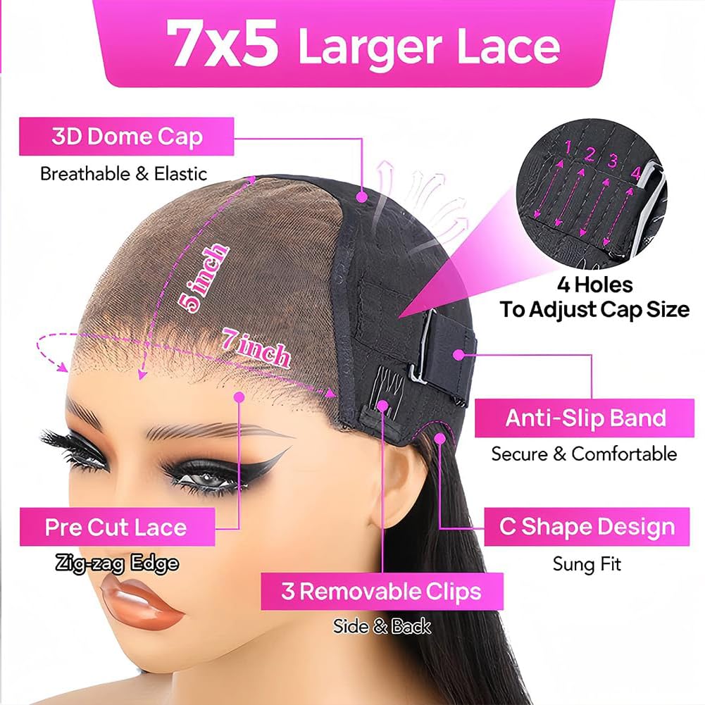 22 Inch Straight Glueless Pre Plucked Pre Cut 7X5 HD Lace Pre Bleached Knots Wigs Human Hair,Wear and Go Lace Front Wig with Nat
