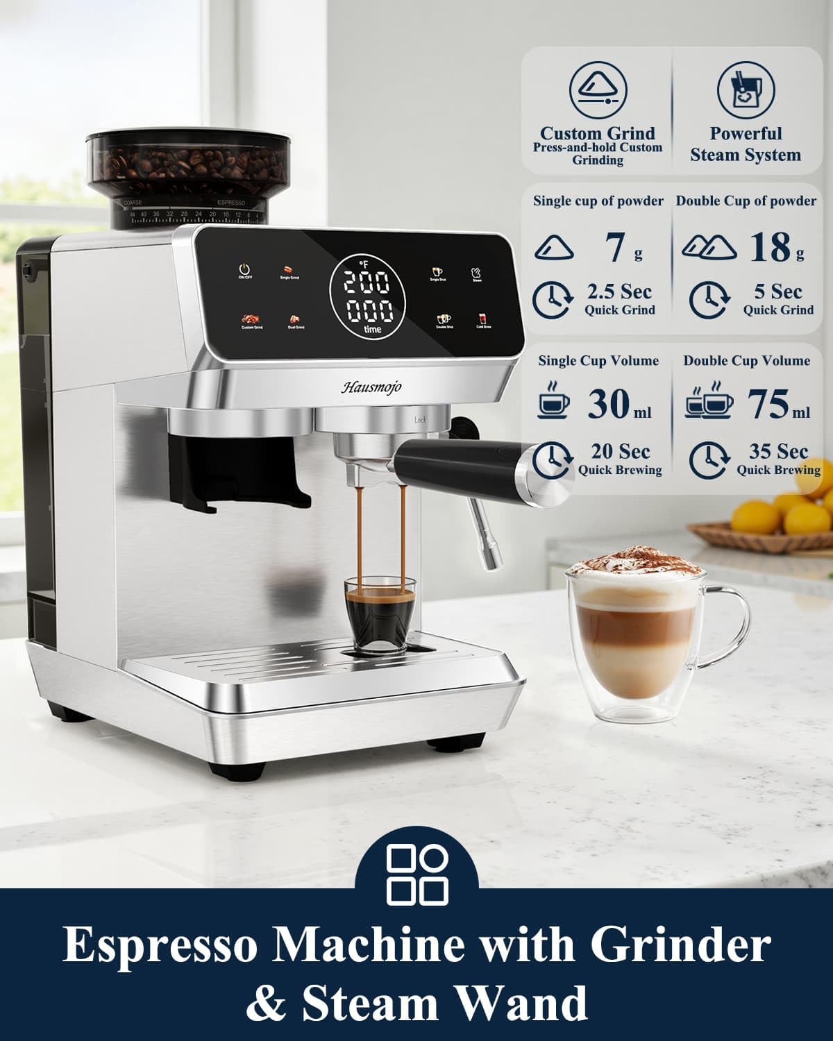 Hausmojo CM1620 Espresso Machine with Built-in Burr Grinder, 20 Bar Bean-to-Cup Espresso Maker with 44 Grind Settings & Steam Wand, Touchscreen Coffee Machine for Latte, Cappuccino & Iced Coffee