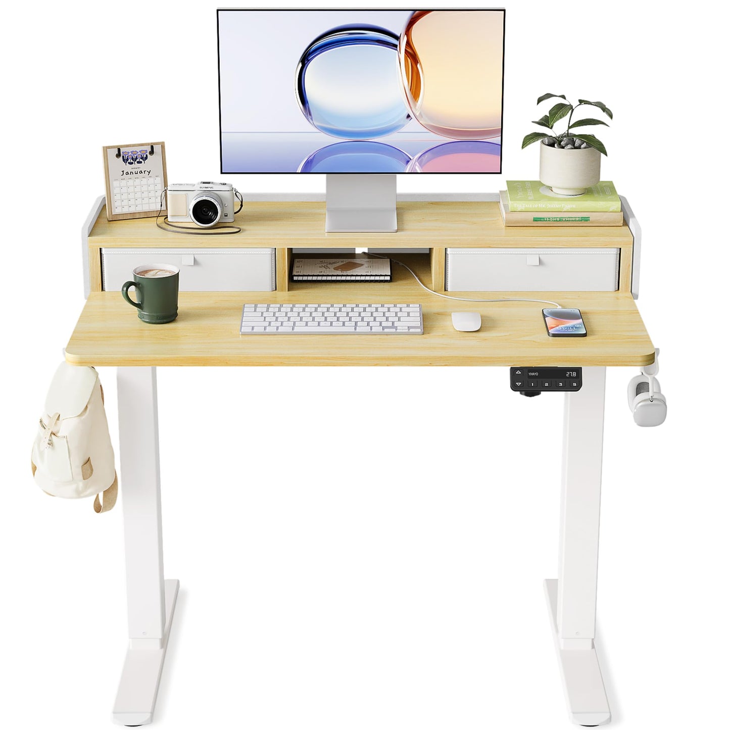 YIHAYO Electric Standing Desk with Drawers, 40 x 24 Inches Adjustable Desk with Storage Shelf, Stand Up Desk with Splice Board, Computer Table for Home Office, White Frame/Natural Top
