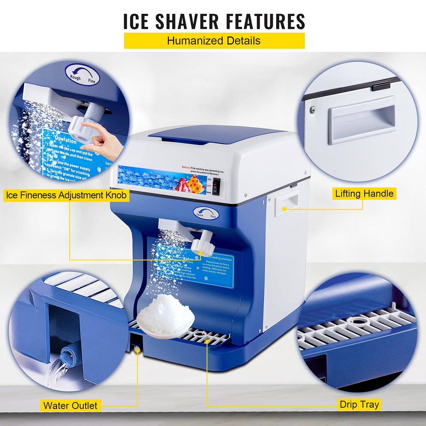 VEVOR 110V Electric Shaved Ice Machine 500W Snow Cone Maker Tabletop w/Adjustable Ice Texture, Ice Shaving Machine 265LBs/hr for Home and Commerical Use