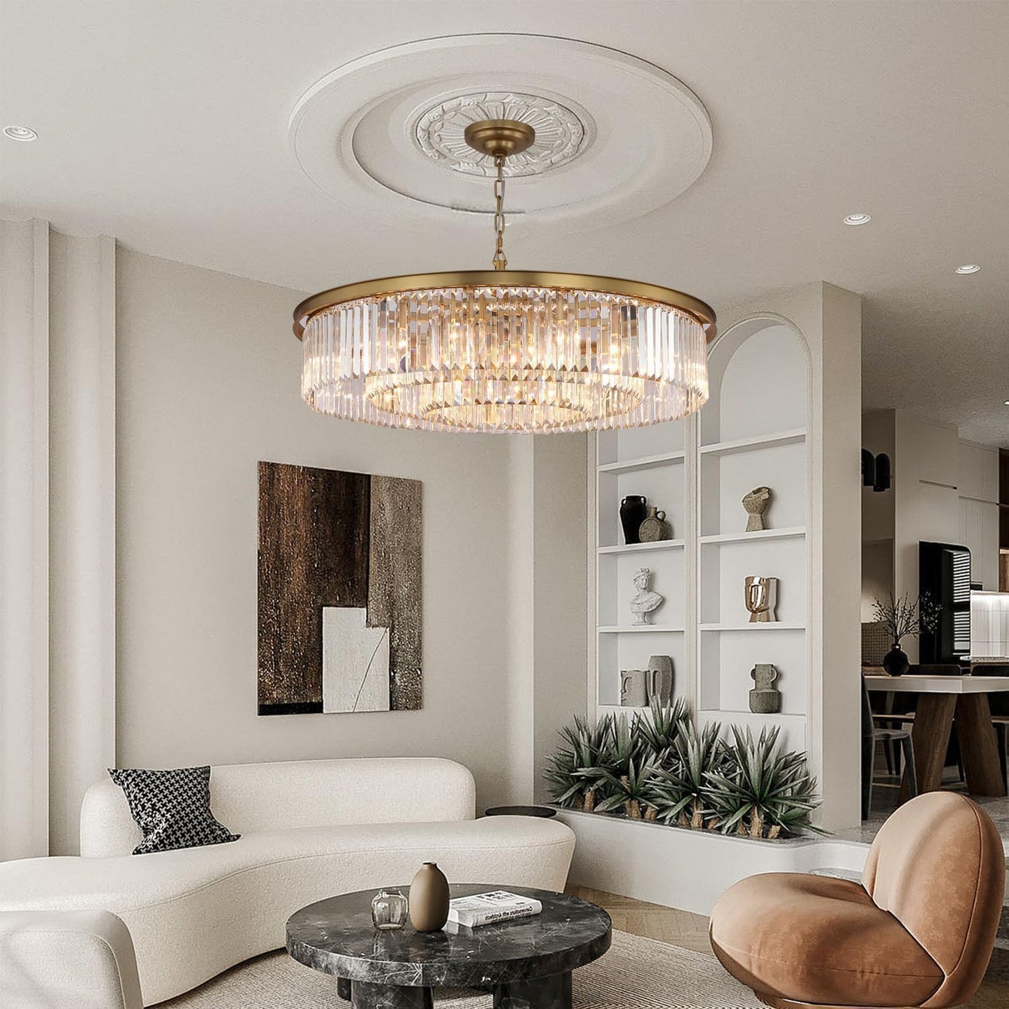 GMlixin Large Crystal Chandelier Modern Luxury Pendant Ceiling Lights Fixture Antique Gold Chandelier for Dining Room Living Room 12-Lights 3-Tier Raindrop Chandeliers Lighting (Gold, Dia 31 Inch)