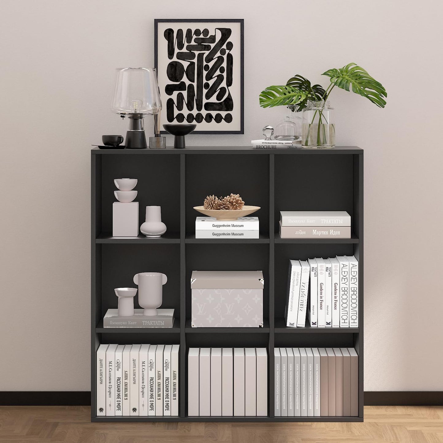 Wooden 9 Cube Storage Organizer with Closed Back Panel,Black Cube Shelf Heavy Duty Cubby Storage Organizer with Compartments for Living,Display Shelf,Bookshelf