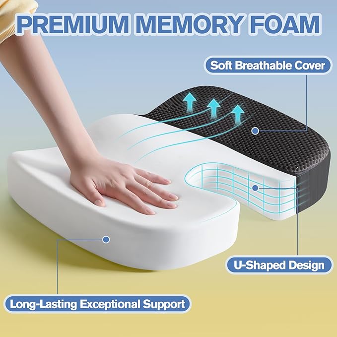 Mureon Seat Cushion for Office Chairs, Large Memory Foam Cushion for Car, Pressure Relief Ergonomic Chair Cushion with Non-Slip Cover for Soft Support for Hip All Day Comfort - Black