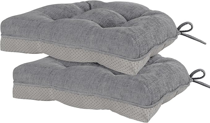 HARBOREST Chair Cushions for Dining Chairs Set of 2 - Chenille Tufted Kitchen Chair Cushions with Ties and Non-Slip Bottom, Foam Chair Pads for Dining Chairs, 17" x 17", Grey