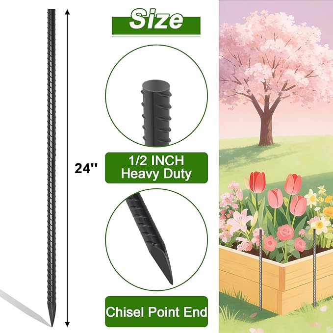 AAGUT Rebar Stakes 24 Inch Straight Garden Plant Stakes (20 pcs) 1/2" Thickness, Heavy Duty Metal Spikes for Concrete Forming, Landscape Timber, Fence, Ground Anchors with Chisel Point End, Black