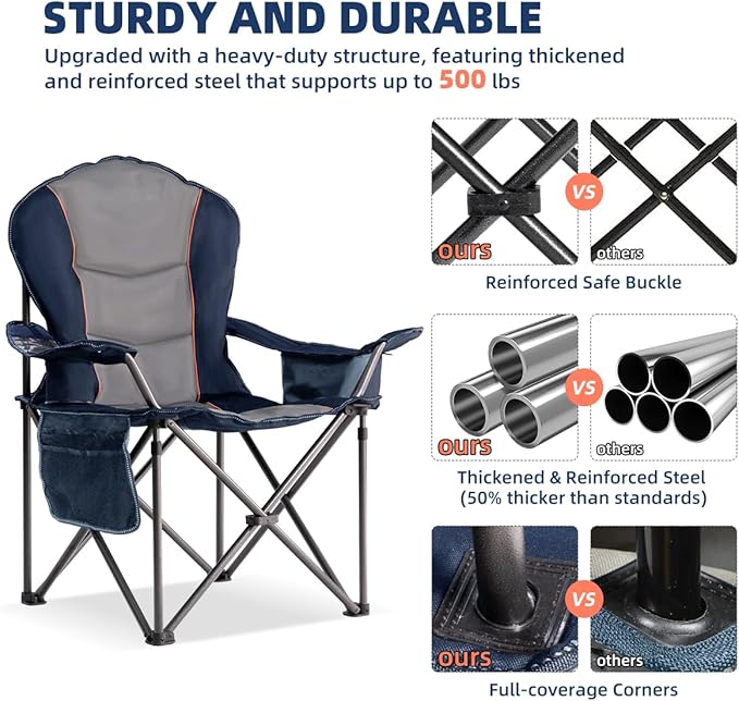 Foristrail Camping Chair Oversized Folding Outdoor Camping Chair with Cooler Bag, Cup Holder & Waterproof Phone Case, Portable for Hiking/Beach,500LB (Blue & Light Gray)