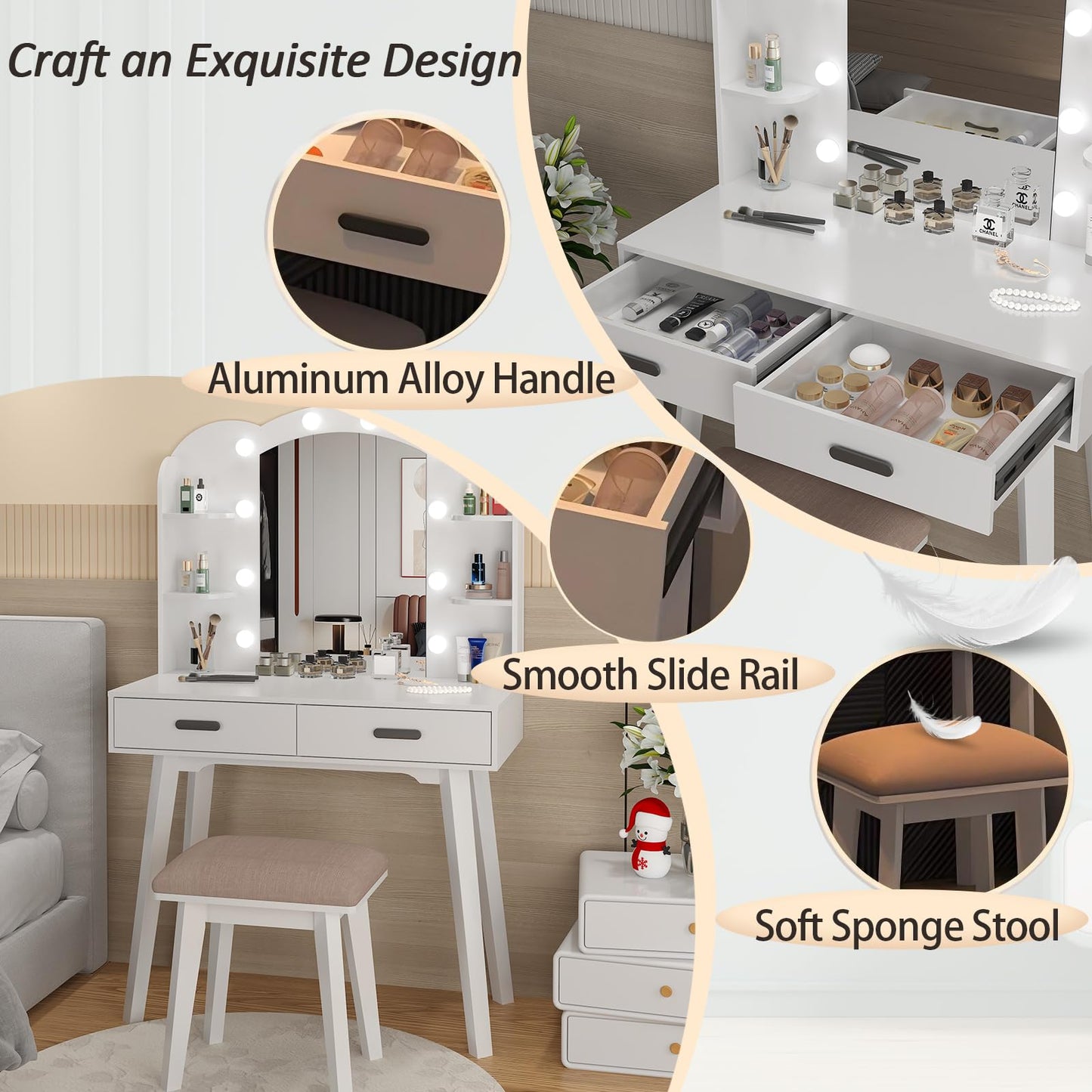HIULOG Makeup Vanity Desk with Mirror, Vanity Desk with Lights and Mirror, Makeup Vanity with Drawers and Chair White Dressing Table