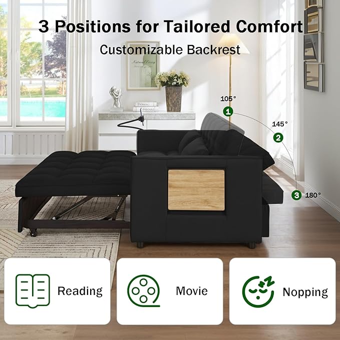 OjvZxqtbrnl Convertible Sofa Bed, Pull Out Couch with 3-Position Reclining Backrest, Modern Velvet Upholstery Futon Sofa Bed, Loveseat Couch for Living Room, Apartments & Guest Rooms (Black-L)