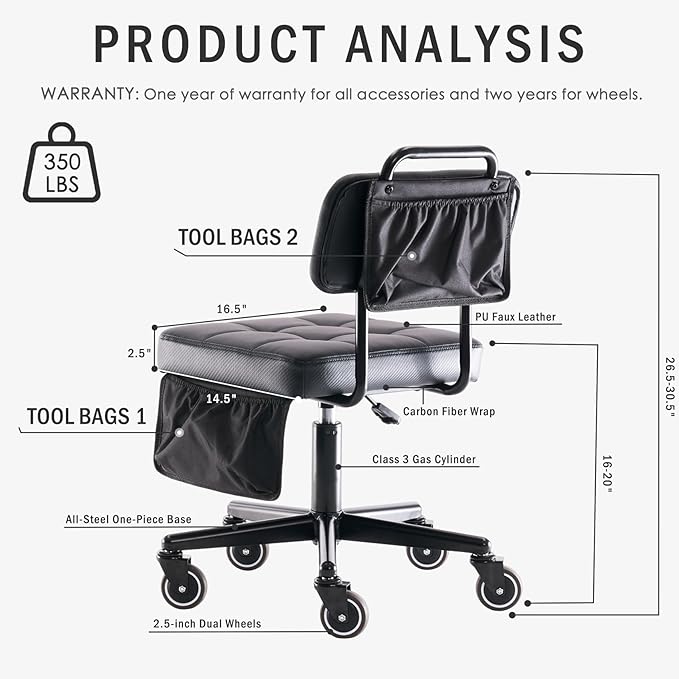 WUDOYO Adjustable Rolling Shop Stool with Tool Bags, Black Padded Seat, TPE Wheels, Real Backrest, Easy Handrail (Bending Work Seat Height(16-21"))