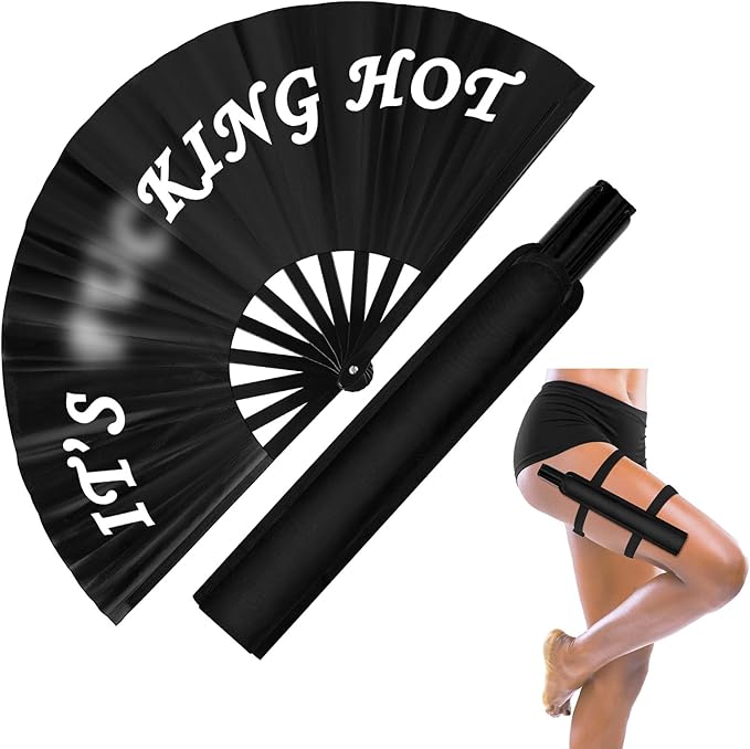 Anglechic 13" Large Folding Rave Fan with Holster for Men Women Festival Line Dancing Music Festival Party Black Decoration