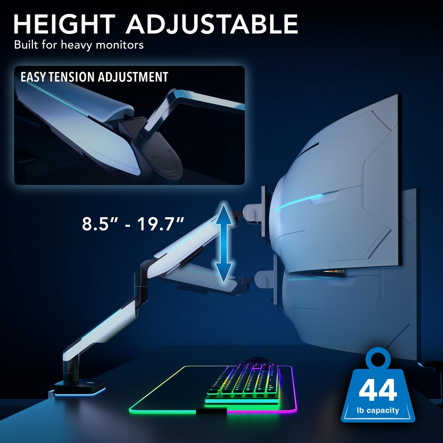 Mount-It! Heavy-Duty Ultrawide Monitor Arm up to 49”, 44 lb Capacity, Desk Mount for Curved & Widescreen Monitors, Compatible with Samsung Odyssey G9, Gas Spring, RGB Lighting, VESA 75x75 & 100x100