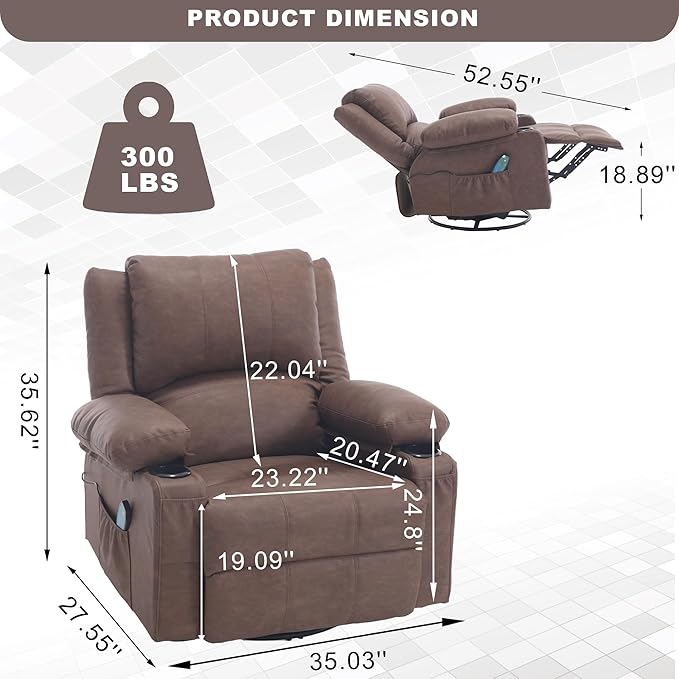 Comermax Massage Swivel Recliner with Heat, PU Leather Rocking Recliners Chair for Living Room, Modern Manual Recliner with Cup Holders, Overstuffed Single Sofa Chairs for Bedroom, Brown