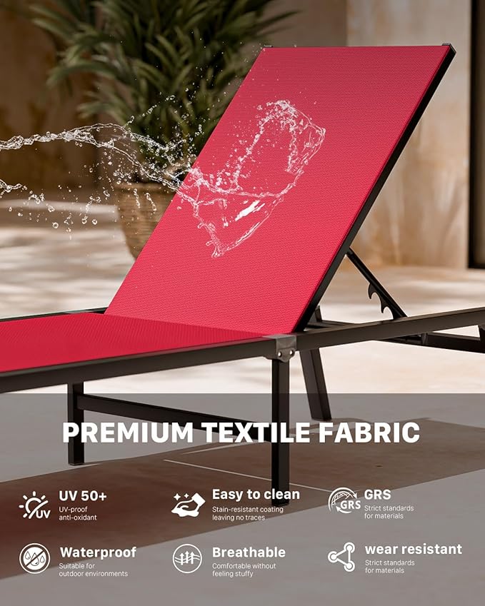 WOAJNQO Aluminum Patio Chaise Lounge Chair Set of 2 with Side Table,5-Position Adjustable Backrest,Foldable Lounge Chair Outdoor,Pool Lounge Chairs for Poolside,Lawn,Deck,Beach (Red, 2 Pack+Table)