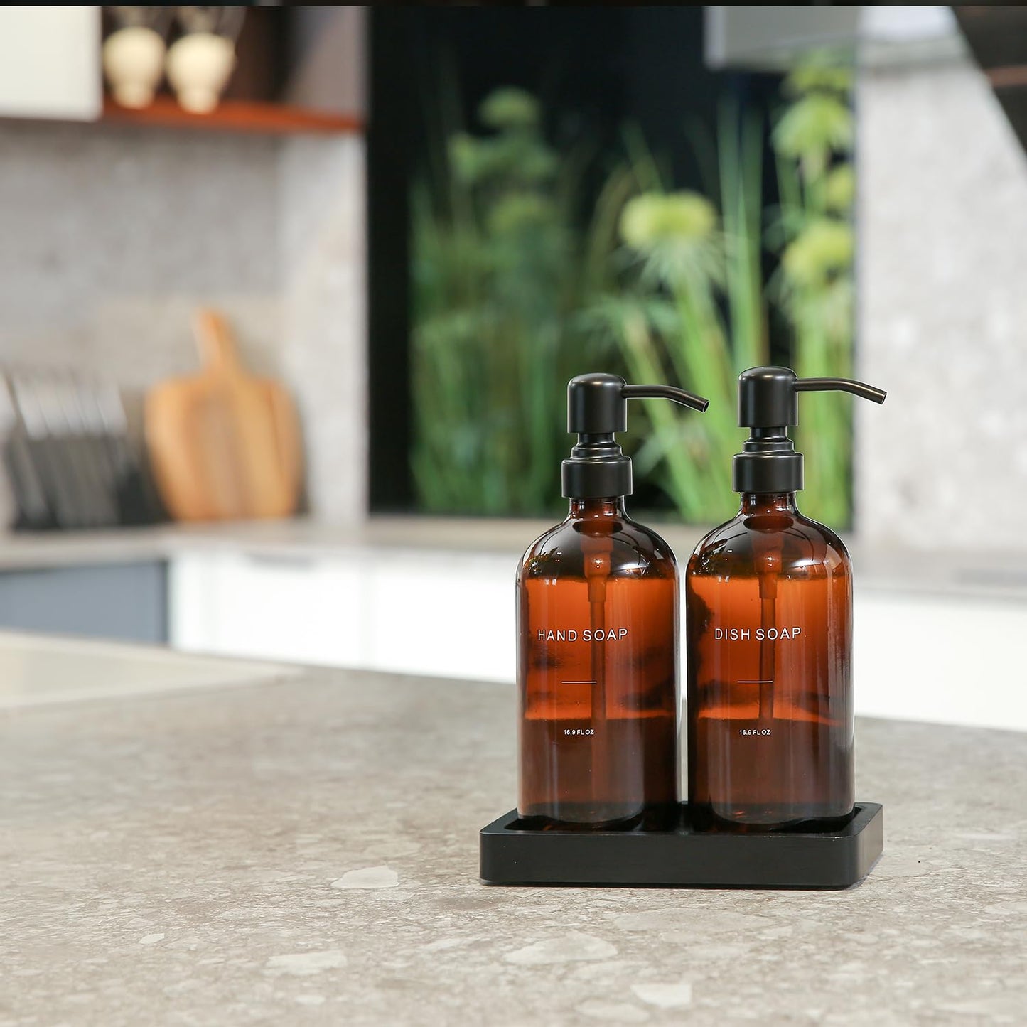 Prus Waso Amber Soap Dispenser Set, Soap Dispenser for Kitchen Sink with Black Stainless Steel Pump, Perfect for Kitchen Accessories Decor. (Amber)