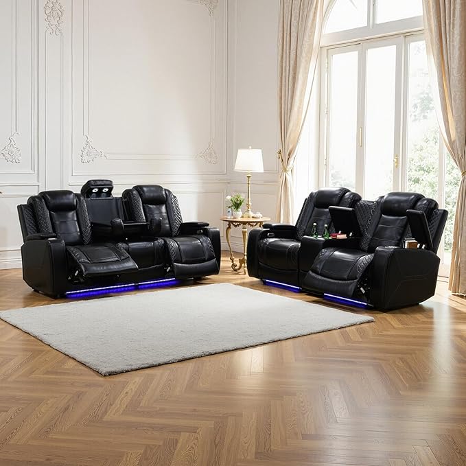 Caberryne Power Recliner Sofa Set with LED Lights,Leather Reclining Couch and Loveseat Set with USB Port/Coffee Table/Cup Holder,Living Room Set with 4 Recliner Seats for House(2 Piece Set,Black)