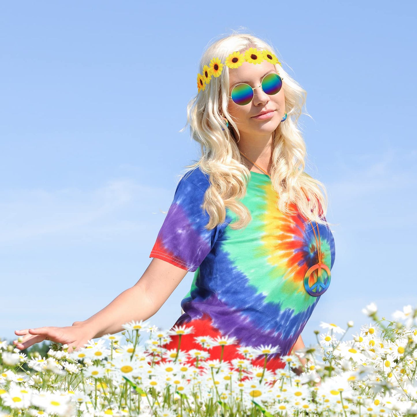 Vabean Halloween Carnival Party Hippie Costume Set Tie Dye Shirt Rainbow Peace Sign Necklace Earring Headband for Halloween