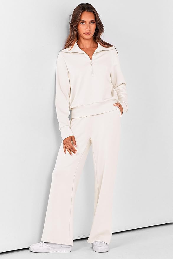 PRETTYGARDEN Women's 2 Piece Outfits Casual Lapel Half Zip Sweatshirts and Wide Leg Pants Tracksuit Sets