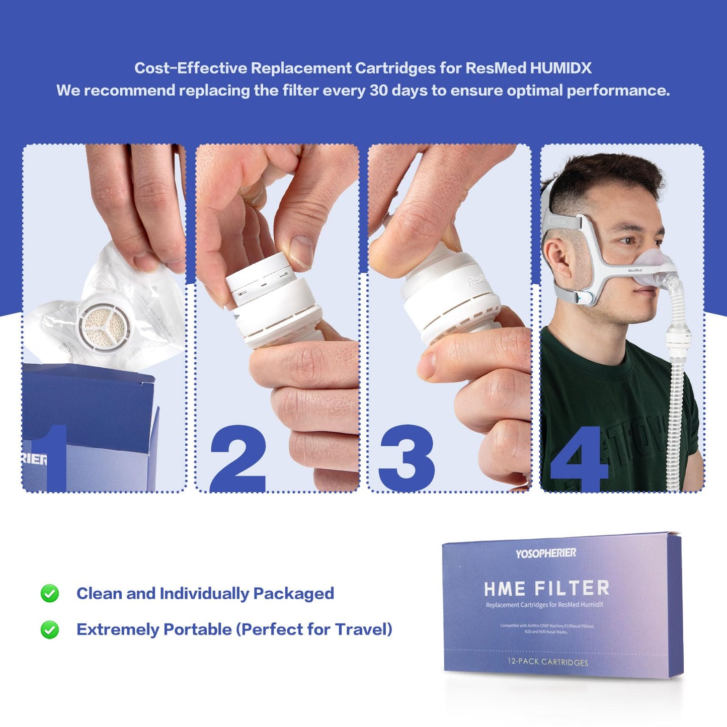 Yosopherier HME Filter, Replacement Cartridges for ResMed HumidX, Compatible with Airmini CPAP Machine & P10 Nasal Pillows, N20 and N30 Nasal Masks, 12-Pack Cartridges