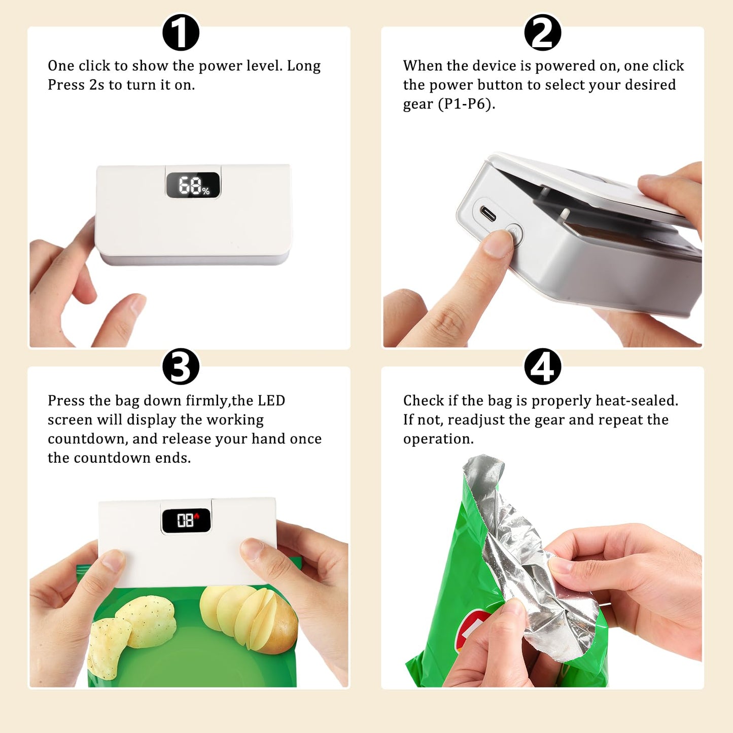 Syaws Mini Bag Sealer,Rechargeable Sealer Machine with LED Power Display,Heat Sealer and Cutter with 6 Adjustable Gears,Portable Bag Resealer for Chips Snacks Mylar Bags (White)