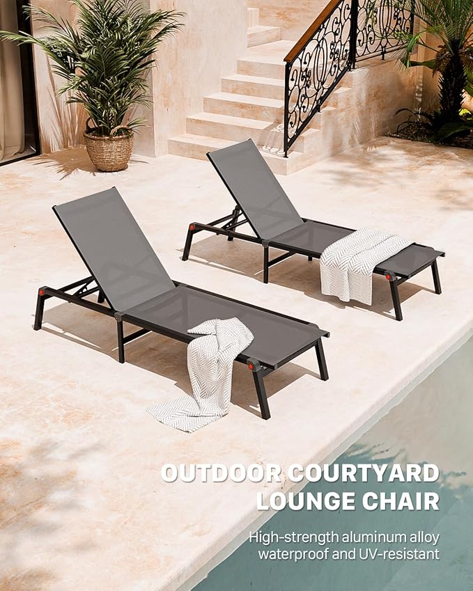 Aluminum Chaise Foldable Patio Lounge Chair Outdoor, Metal Deck Lounger Adjustable 5-Position Recliner Pool Chase Breathable Full Flat Outside Sun Tanning Chairs for Beach/Poolside/Lawn(Grey, 2 Pack)