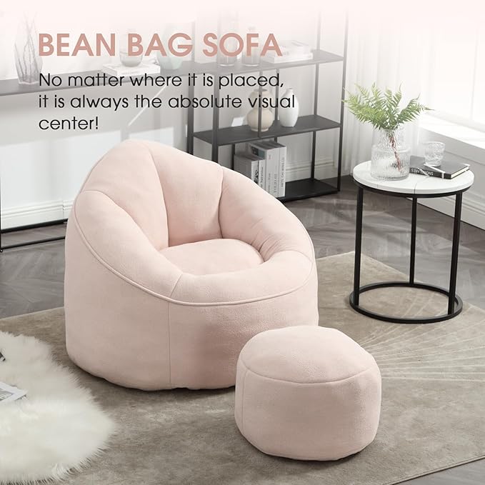 Sudwesto Bean Bag Chair for Adult, Microfiber Upholstered Bean Bag Sofa with Petal Back, Shell-Shaped Beanbag Chair with Footstool, Memory Foam Stuffed Lazy Sofa for Living Room, Bedroom (Pink)