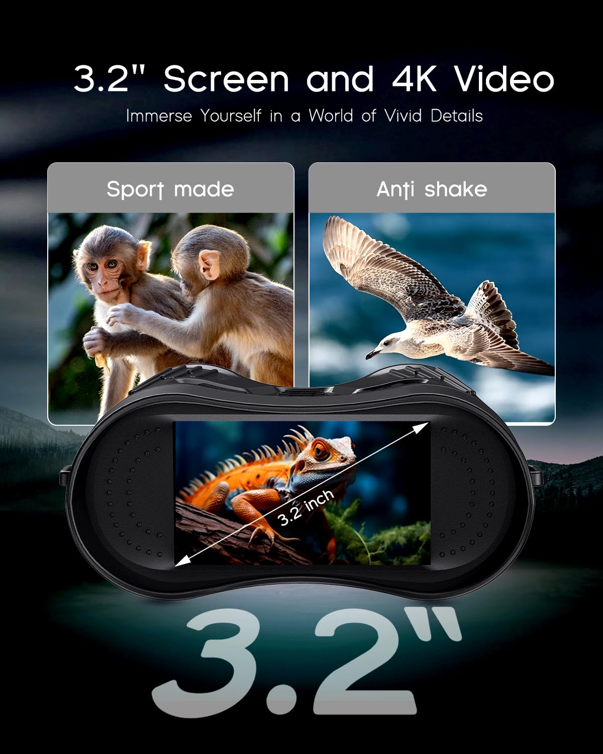 4K Night Vision Binoculars with Video Recording for Men, Gifts for Dad & Husband, 3.2" HD Display, 8X Zoom, 32GB Card, for Valentine’s Day, Birthday, Outdoor Camping and Wildlife Observation