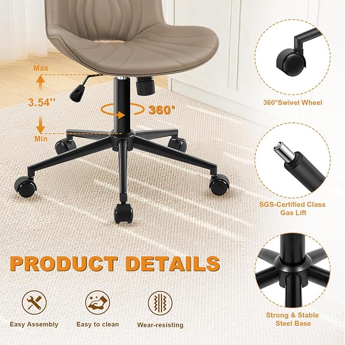 VATROS Office Chair, Armless Desk Chair with Wheels, Ergonomic Comfy Home Office Computer Task Chairs,Faux Leather Padded Cute Vanity Chair, Adjustable Height Swivel Chair with Back, Khaki