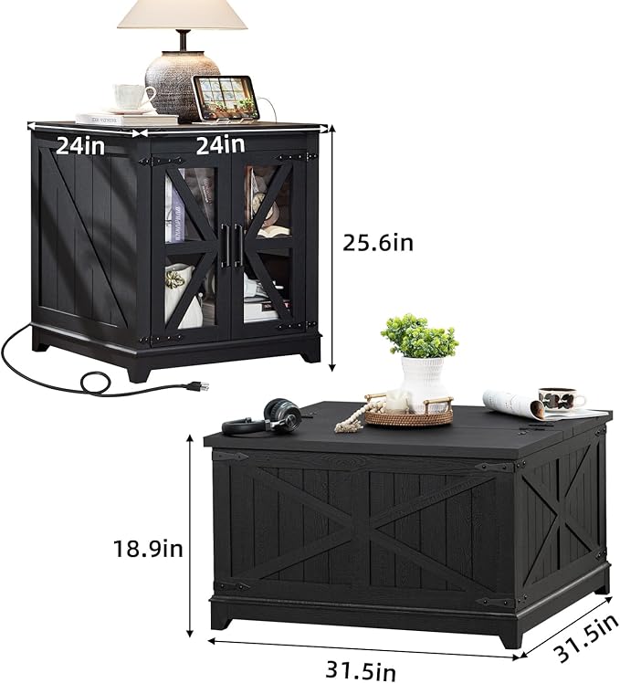 Farmhouse Coffee Table Sets 3 Pieces, Large End Side Tables with Charging Station and Coffee Table with Hidden Storage Compartment, Black Living Room Table Set, Wood Furniture Sets for Home Office