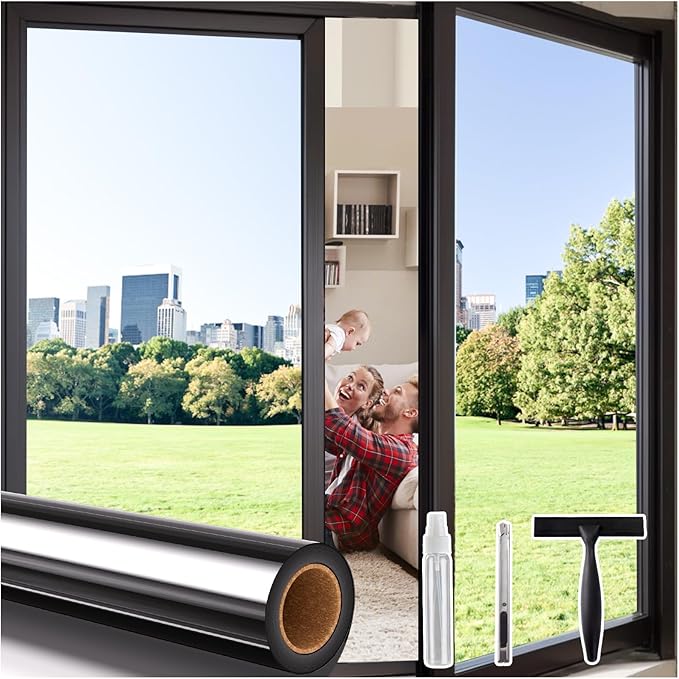 Coavas One Way Privacy Window Film,Daytime Window Tint for Home, Reflective Mirror Glass Window Film See Out Not in,Heat UV Blocking Anti-Glare Window Covers with 3 Tools, 17.5 x 118.1 Inch, Black