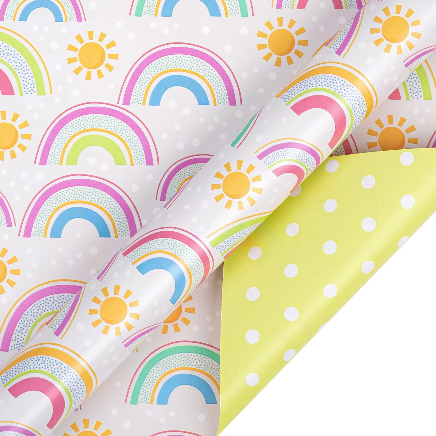 WRAPAHOLIC Jumbo Reversible Baby Shower Wrapping Paper - 30 Inch x 33 Feet - Rainbows and Polka Dot Design for Neutral Baby Shower, Boys Girls Kids Birthday