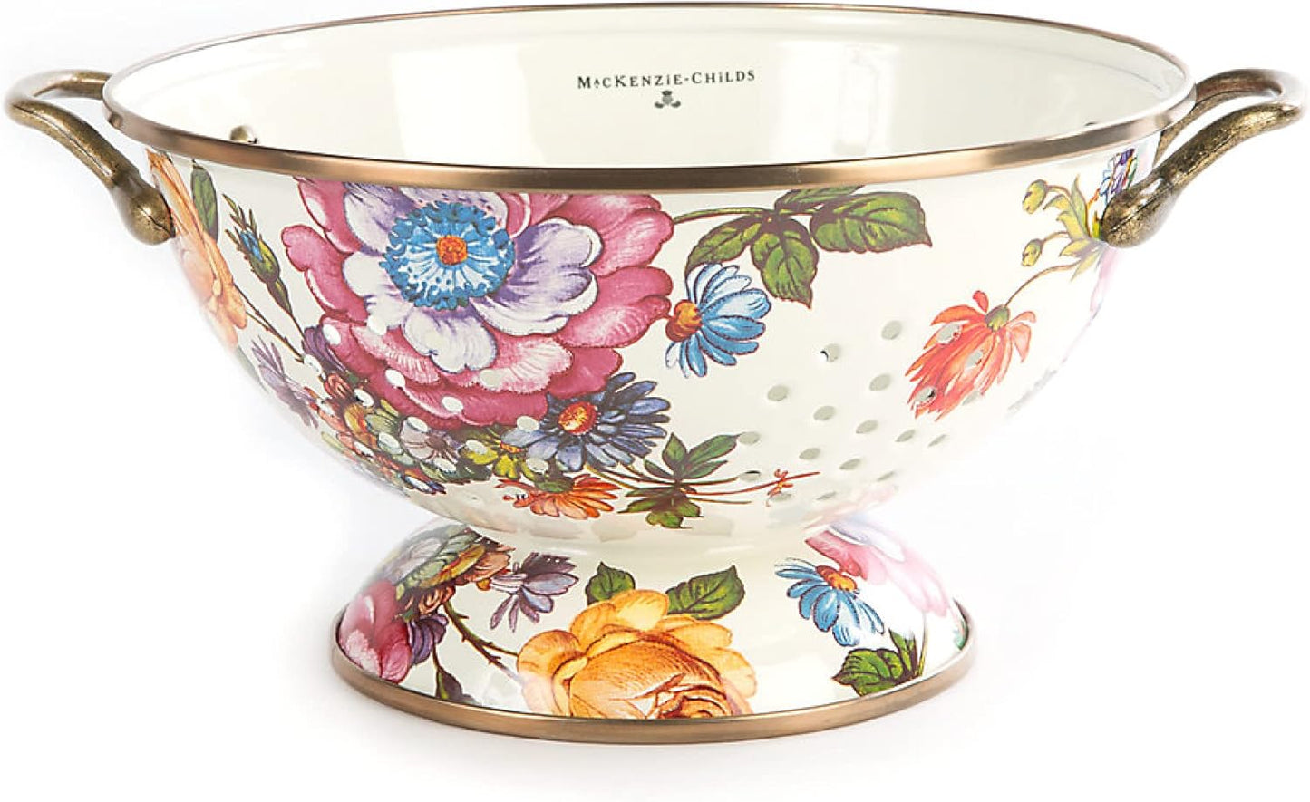 MACKENZIE-CHILDS Enamel Colander, Decorative Kitchen Strainer, Large, White Flower Market