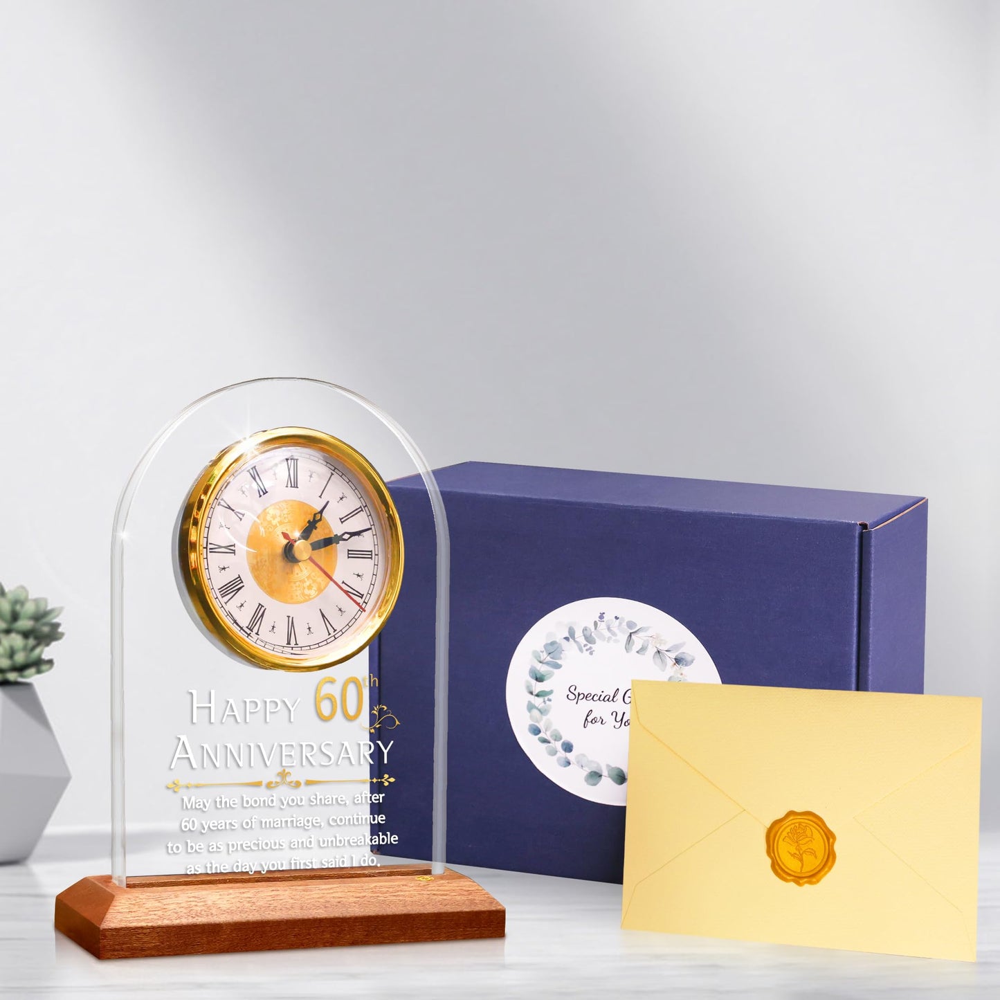 FULLOSUN 60th Anniversary Wedding Gift, Desk Table Clock, Anniversary Quartz Clock, 60 Years of Marriage, Diamond Wedding for Couple, Parents, Grandparents (60th)