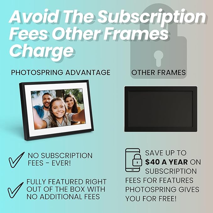 PhotoSpring w/Battery, 10in WiFi Digital Frame, No Subscription, Email App Web, USA Company, 32gb, Touch Screen, Play Videos up to 5 mins