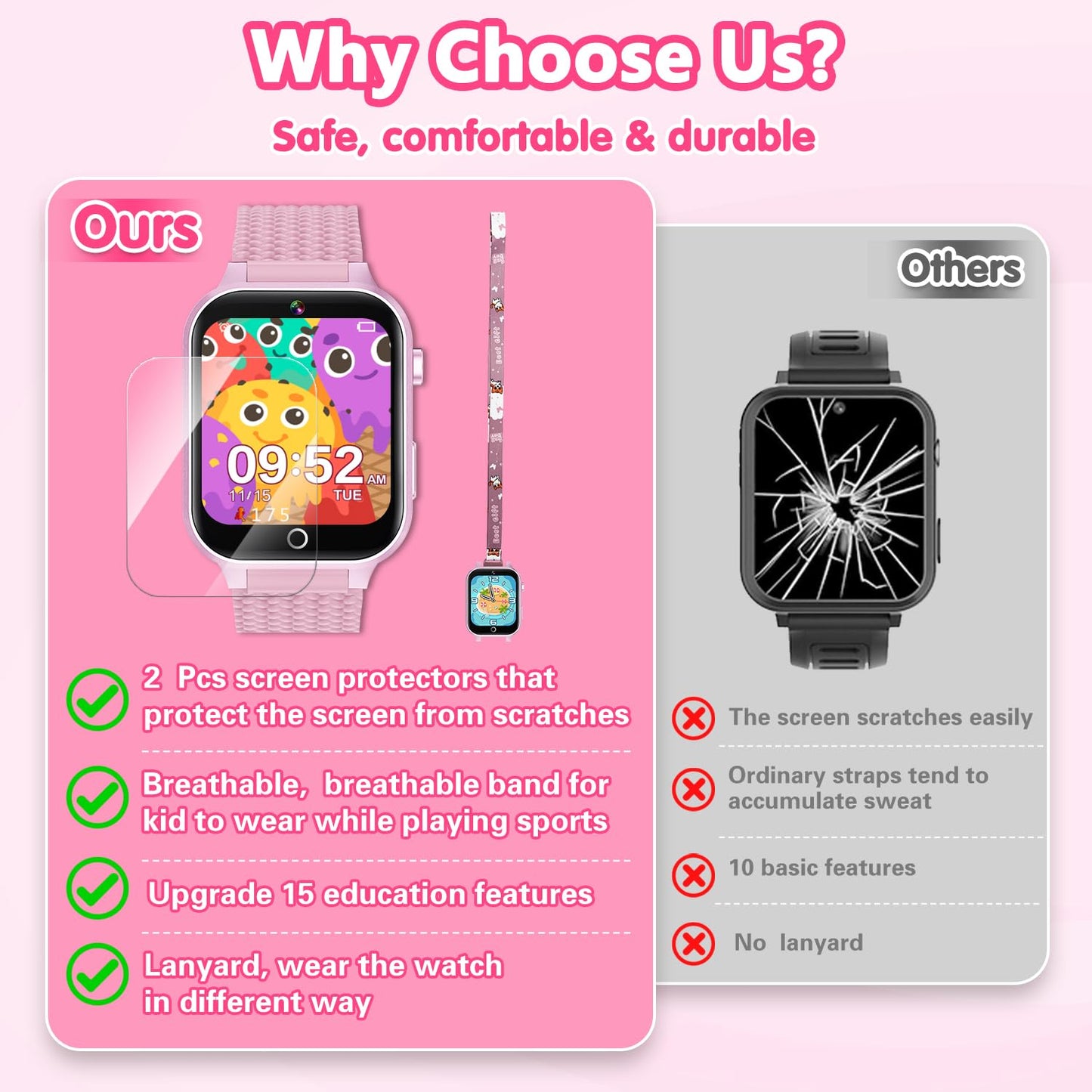 Smart Watch for Kids Girl Gift Ages 3-12, 2 Screen Protector, 26 Puzzle Games, HD Camera Video Music Player Touchscreen Pedometer, Educationtal Toy Brithday Gifts for Girl Ages 4 5 6 7 8 9 10(Pink)