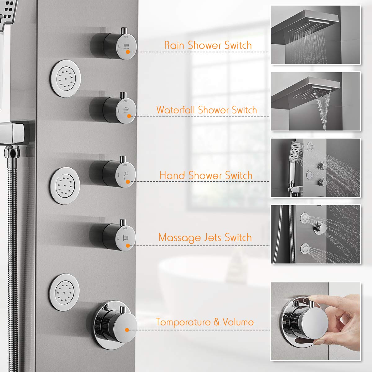ROVATE Rainfall Waterfall Shower Tower Panel System, 304 Stainless Steel Bathroom Shower Panel Tower with 5 Body Sprays and Flexible Handheld Shower, Shower Column Wall Mount, Delicate Brushed Finish
