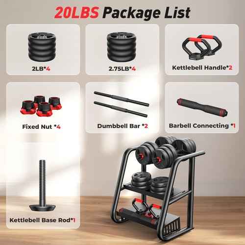 Adjustable dumbbell set, 20lbs Free Weights set with upgraded nut, 4 in 1 Weight Set Used as Kettlebells, Barbell, Push up Stand, Fitness Exercise for Home Gym Suitable Men/Women