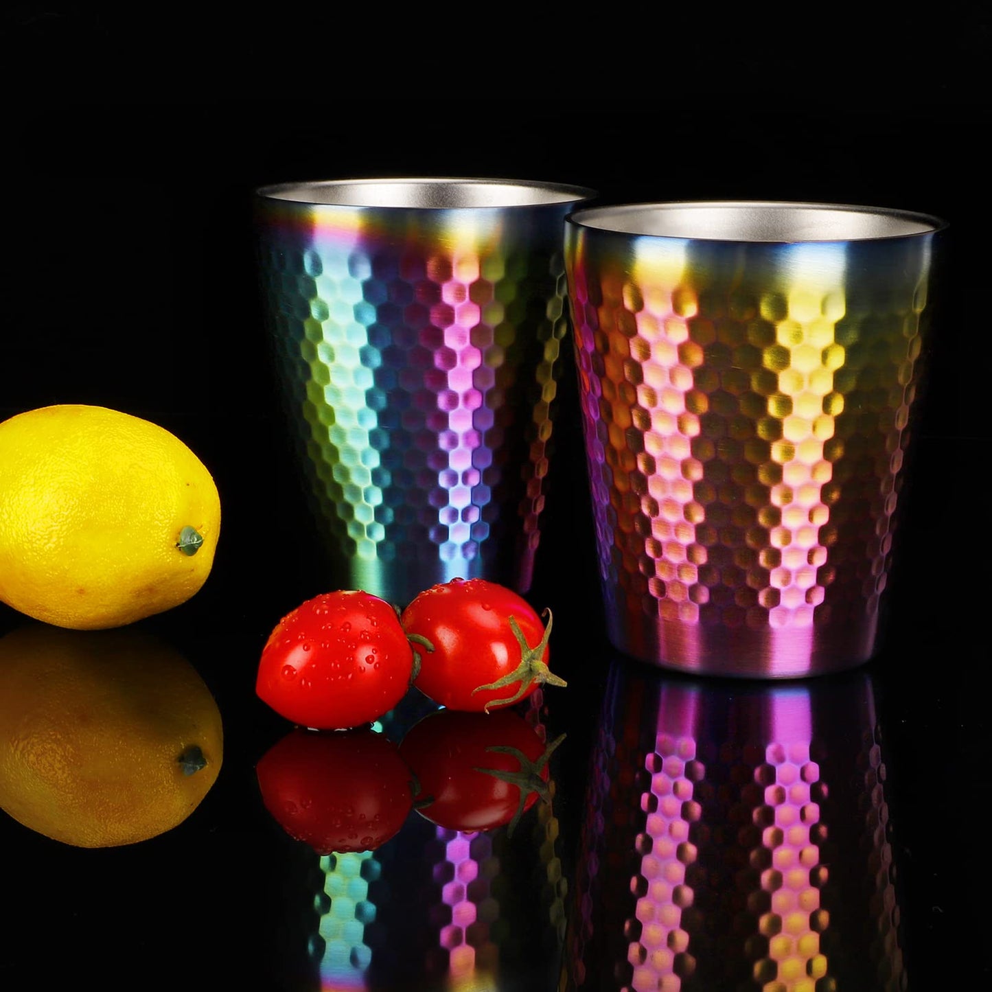 TIICOO Stainless Steel Cups 2 Packs 10oz/300ml Stackable Double Wall Insulated Metal Shatterproof Cups Titanium-Plated Diamond Textured Surface Heat Resistant Dishwasher Safe (Rainbow)