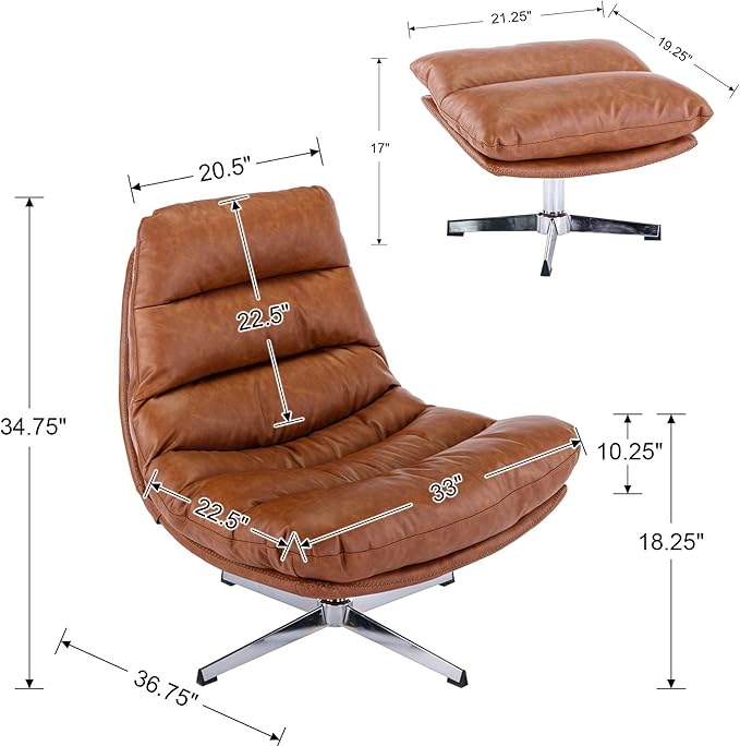 BESTANO Swivel Accent Chair with Ottoman, Mid Century Modern Faux Leather Lounge Chair with footrest, Comfy Oversized Armchair with 360 Degree Metal Base for Living Room/Bedroom, Brown