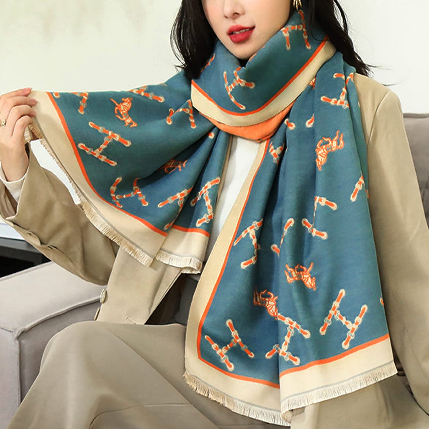 LumiSyne Winter Scarf Cashmere Shawl Women Retro Horse Letter Pattern Warm Pashmina Scarves With Tassel Soft Long Wrap Stole