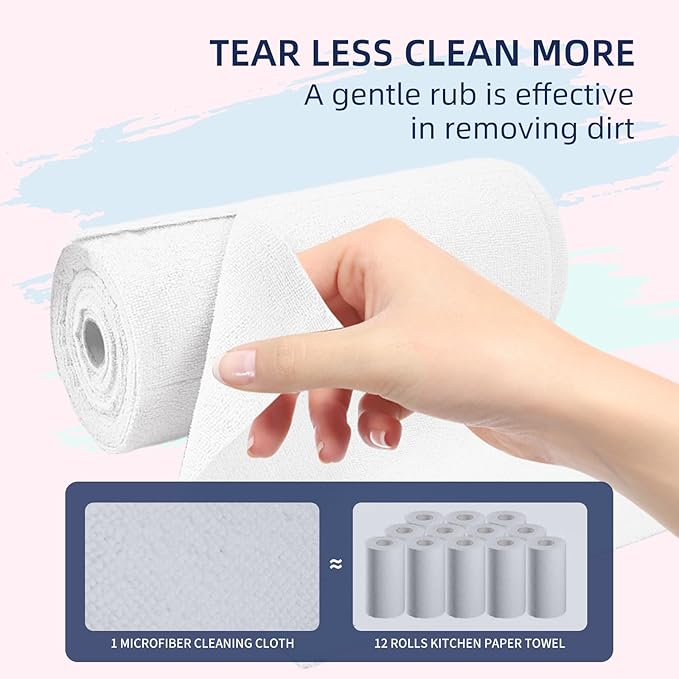 & PLUSH Microfiber Cleaning Cloth Roll - 85 Pack, Tear Away Microfiber Towels, 12" x 12", Reusable, Washable, Streak Free, Ultra Absorbent Dish Rags for Car, Home, Garage or Shop (White)