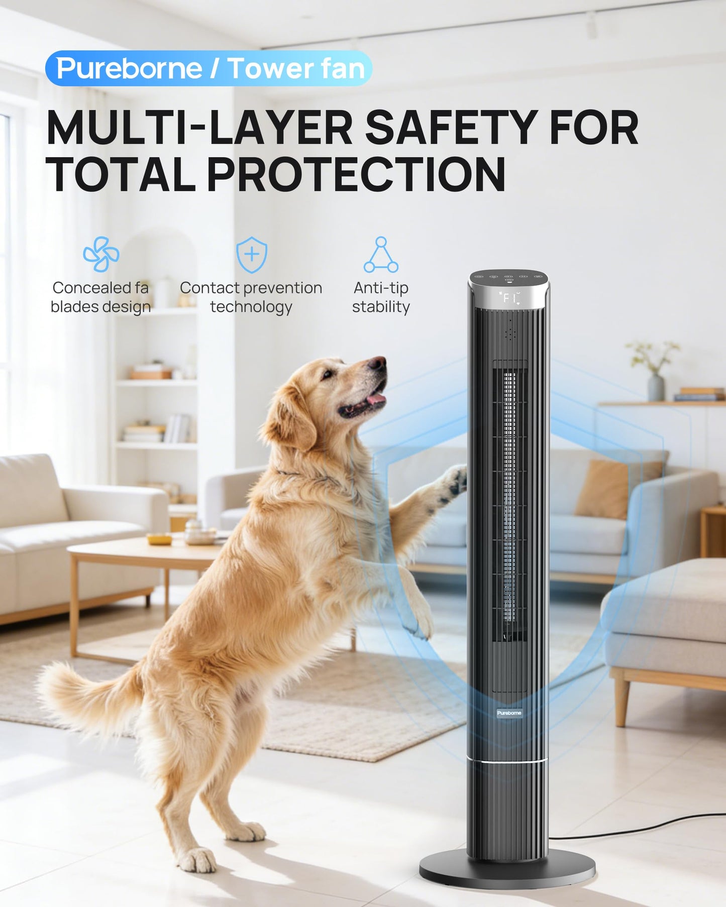 Pureborne 42-Inch Smart Tower Fan, 25dB Ultra-Quiet, 90° Oscillating Standing Fan, App & Voice Control, Remote, 4 Speeds, 4 Modes, 12H Timer, Floor Fan for Bedroom, Office, Black, 1 Pack