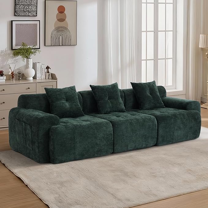 YAAREE 101.65” Modular Sectional Couch for Living Room, 3-Seater Cloud Sofa with Deep Seat, Woven Texture Upholstery Boneless Couch, No Assembly, Green