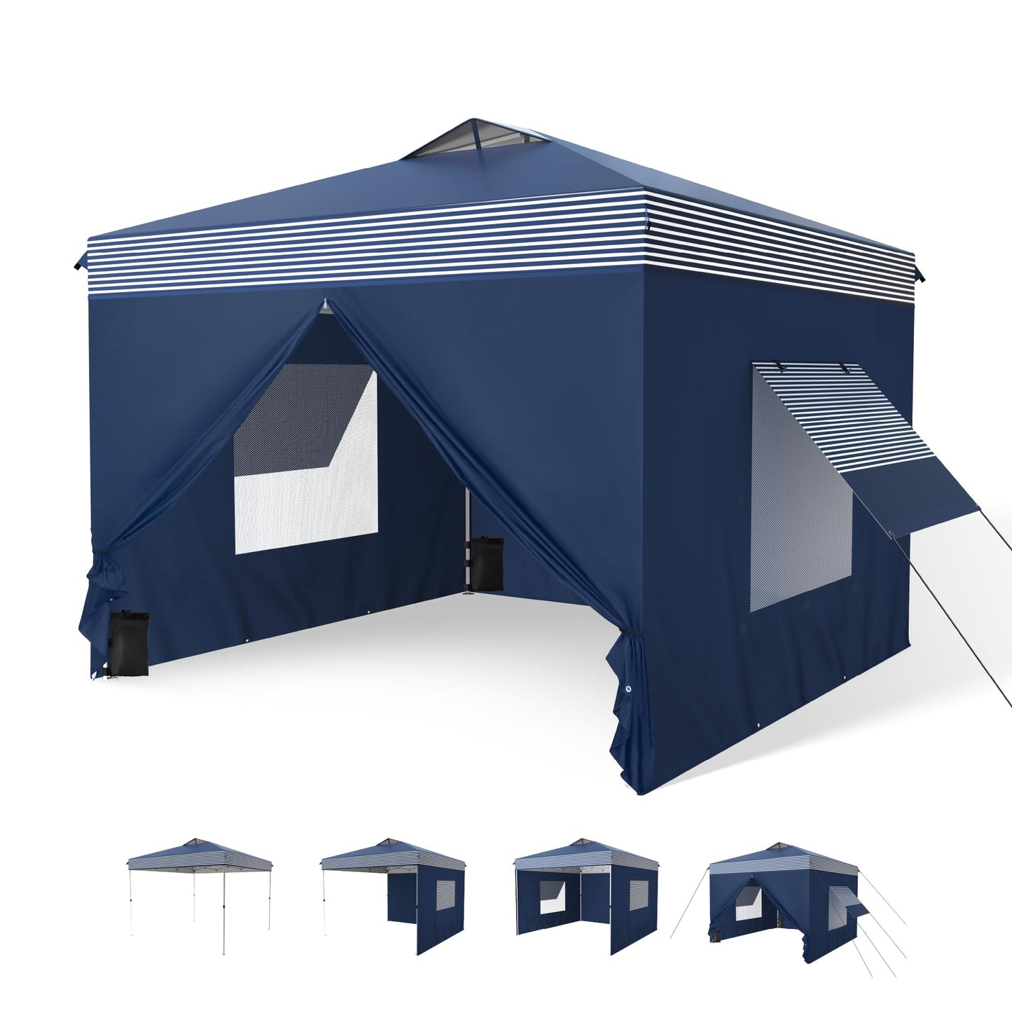 MFSTUDIO 10x10 Pop Up Canopy Tent with Removable Sidewalls, Outdoor Enclosed Instant Portable Shelter with Breathable Mesh Windows, One Person Setup, Blue Stripe
