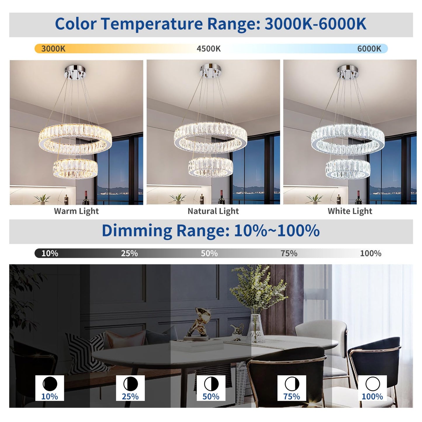 Depuley Modern LED Crystal Chandelier: 11.8" + 19.7" Rings Dimmable Pendant Light Adjustable for Dining Room - 42W Double-Decker Round Crystal Chandeliers for Bedroom Living Room Porch Foyer