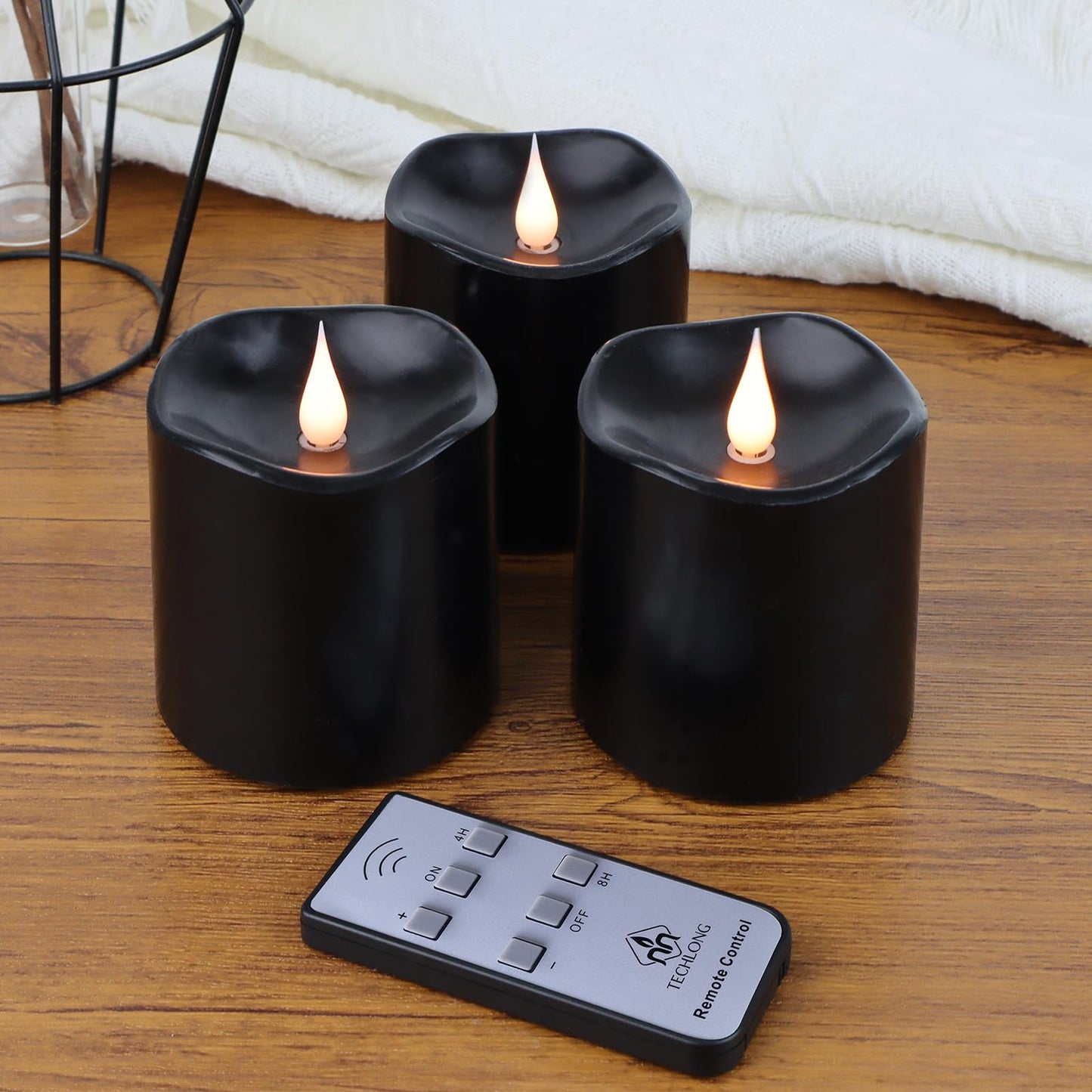 TECHLONG Black Flameless LED Candles, Halloween Candles Battery Operated with Remote Timer, 3D Moving Flame Flickering Last 600+ Hours, 3" x 3" Real Wax Electric Candle for Gothic Home Decor