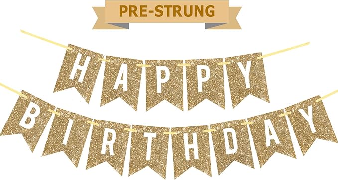 Pre-Strung Gold Happy Birthday Banner Decorations,12 ft No DIY Gold Glitter Birthday Party Banner Sign Decor for Women Men...